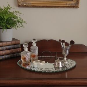 Vintage Oval Scalloped Mirror Art Deco Etched Black & Gold Vanity Tray Hobbs